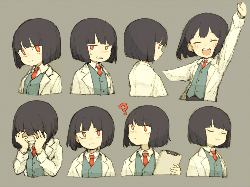 1boy, :3, ?, androgynous, arm_up, arms_at_sides, black_hair, blunt_bangs