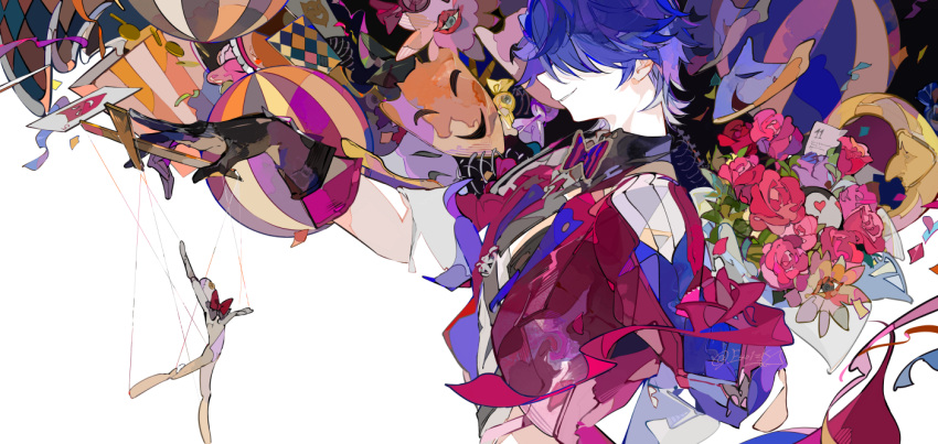 1boy, arm_behind_back, balloon, black_gloves, blue_hair, bouquet, card, commentary