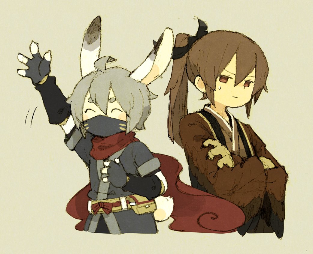 2boys, ^_^, ahoge, androgynous, animal_ears, animal_hands, arm_up, belt_pouch