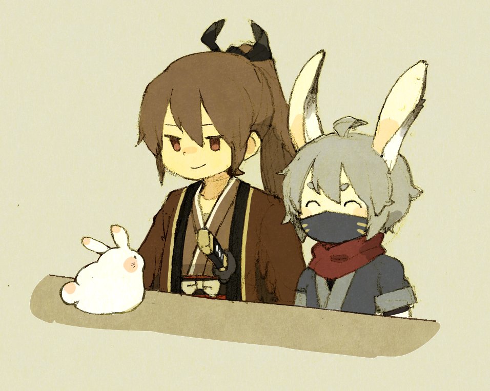 2boys, ahoge, androgynous, animal, arms_at_sides, black_ribbon, brown_eyes, brown_hair