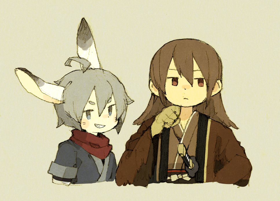 2boys, ahoge, androgynous, animal_ears, averting_eyes, brown_background, brown_eyes, brown_hair