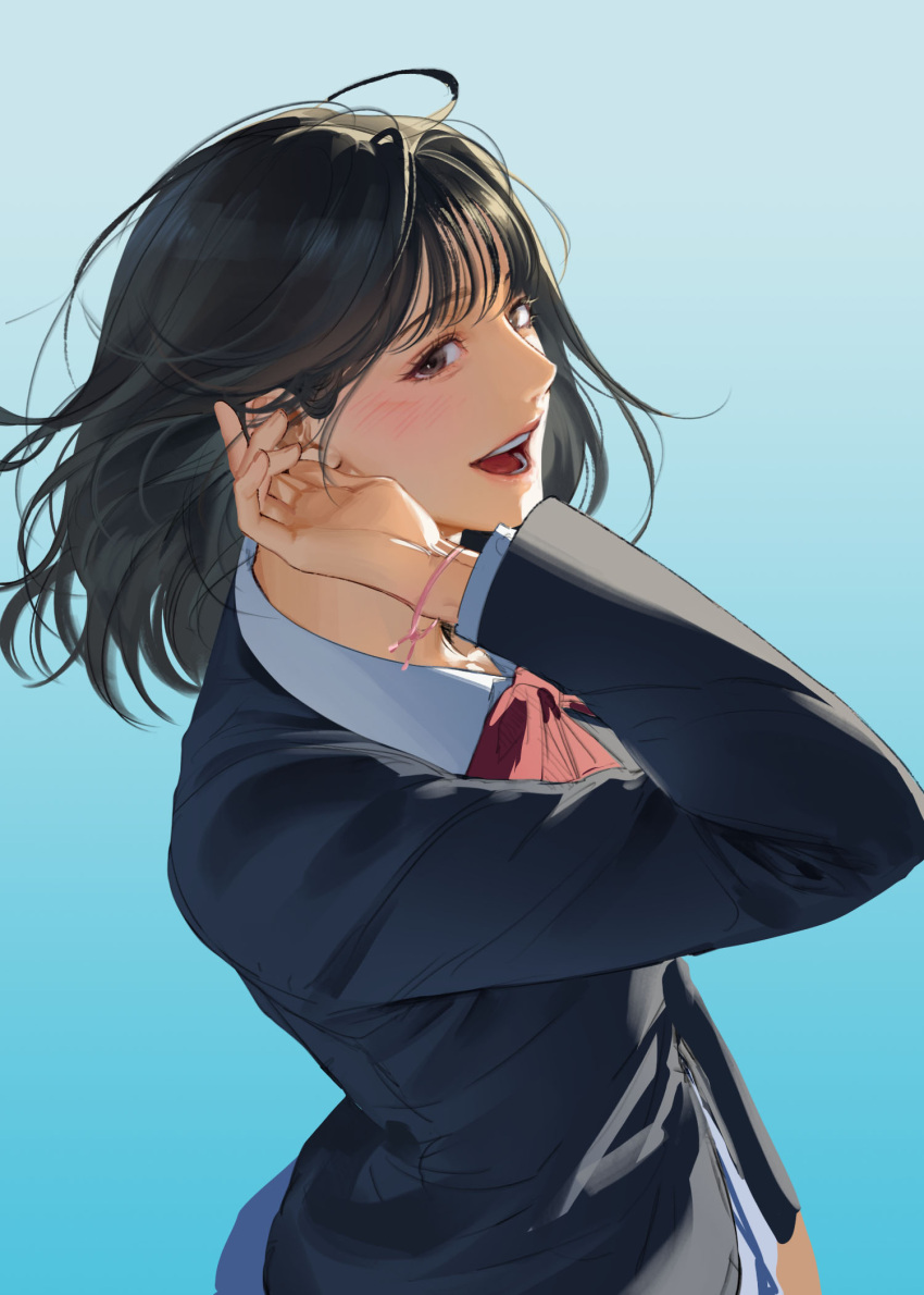 1girl, :d, akagi_haruko, black_eyes, black_hair, black_jacket, blush, bracelet