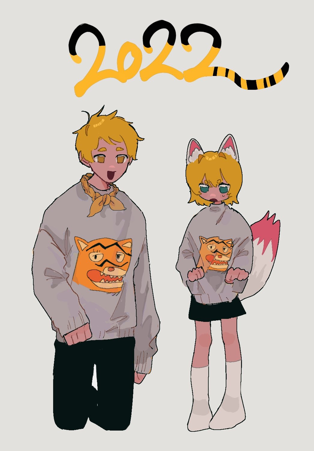 1boy, 1girl, 2022, animal_ears, animal_print, bandana, bandana_around_neck, black_pants