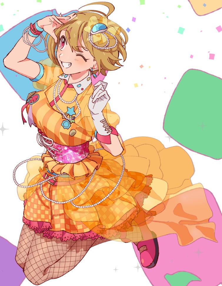 1girl, ahoge, arm_up, belly_chain, blonde_hair, blue_wristband, blush, bow