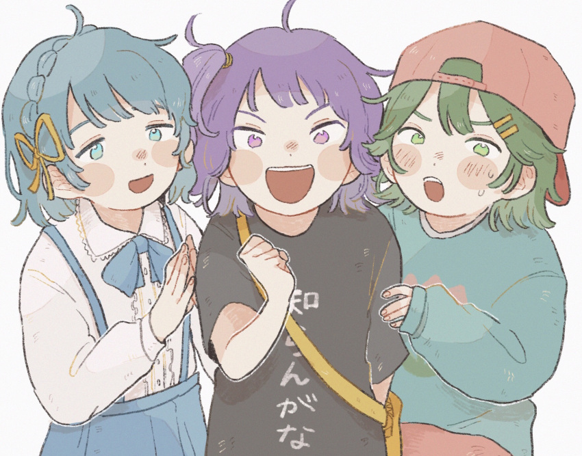 3girls, amano_yae, backwards_hat, bag, blue_eyes, blue_hair, blue_skirt, blue_sweater