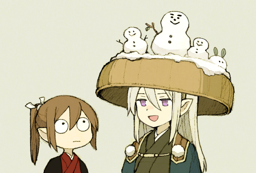 2boys, :d, arms_at_sides, brown_hair, closed_mouth, commentary_request, green_kimono, grey_background