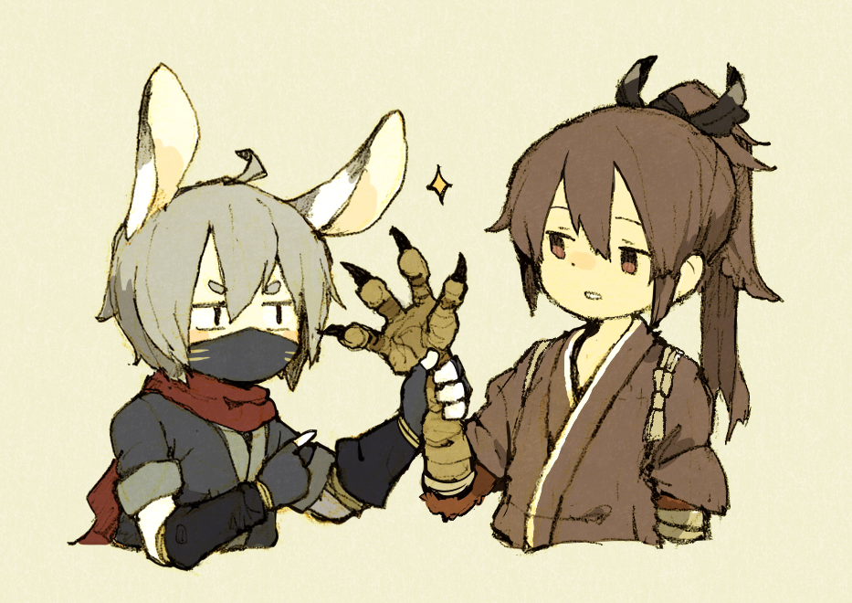 2boys, ahoge, animal_ears, animal_hands, arm_at_side, black_ribbon, brown_eyes, brown_hair, brown_kimono, claws, commentary_request, covered_mouth, cropped_torso, dot_nose, fewer_digits, fingerless_gloves, gloves, grey_background, grey_gloves, grey_hair, hair_between_eyes, hair_ribbon, hand_up, hands_up, high_ponytail, japanese_clothes, kagari_(maniani), kimono, long_hair, looking_at_another, male_focus, maniani, mask, mouth_mask, multiple_boys, ninja_mask, no_sclera, original, otoko_no_ko, parted_lips, pointing, rabbit_ears, red_scarf, ribbon, sanpaku, scarf, short_eyebrows, short_hair, simple_background, sparkle, thick_eyebrows, v-shaped_eyebrows, yasuke_(maniani)