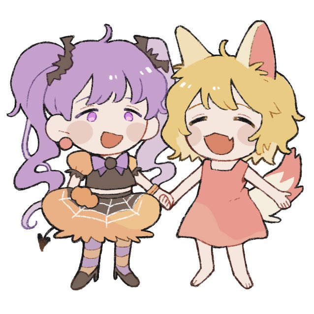 2girls, ahoge, animal_ears, arm_at_side, barefoot, bat_hair_ornament, black_shirt, black_skirt