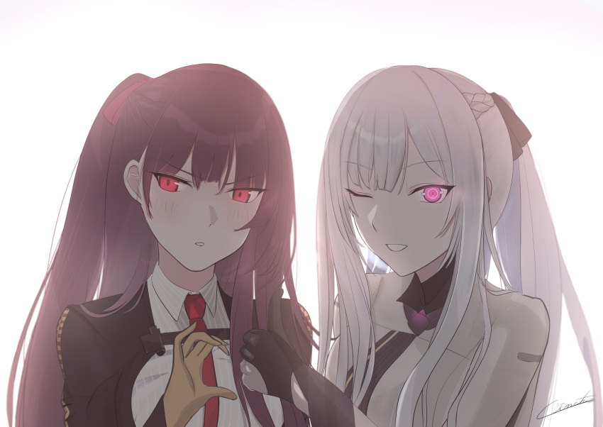 2girls, absurdres, ak-12_(girls'_frontline), artificial_eye, artist_name, black_gloves, black_jacket, blush