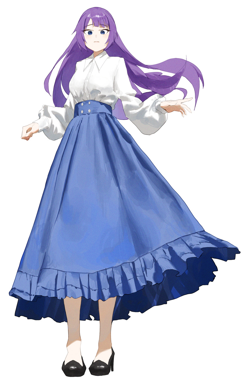 1girl, absurdres, alternate_costume, black_footwear, blue_eyes, blue_skirt, blush, breasts