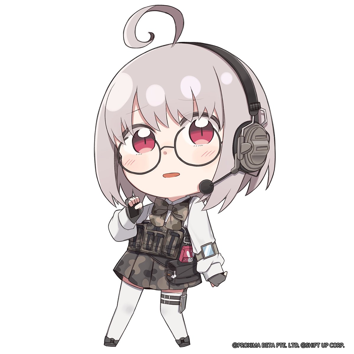 1girl, ahoge, black-framed_eyewear, camouflage, camouflage_skirt, chibi, collared_shirt, commentary