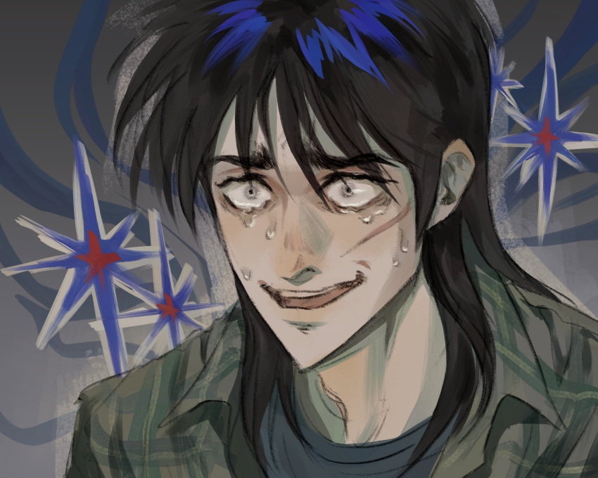 1boy, black_hair, black_shirt, commentary_request, constricted_pupils, crying, crying_with_eyes_open, false_smile, green_shirt, highres, itou_kaiji, kaiji, korean_commentary, long_hair, male_focus, open_mouth, panespaghetti, plaid, plaid_shirt, scar, scar_on_cheek, scar_on_face, shirt, smile, solo, tears, teeth, undershirt, upper_body, upper_teeth_only, white_eyes