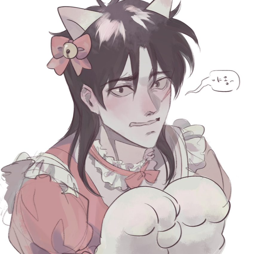 1boy, alternate_costume, animal_ears, animal_hands, bell, black_hair, bow, bowtie