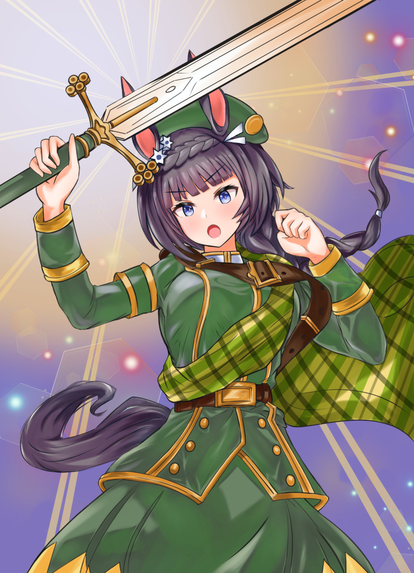 1girl, animal_ears, belt, blue_eyes, braid, breasts, brown_belt, cape, commentary_request, cowboy_shot, crown_braid, ear_ornament, green_cape, green_headwear, green_jacket, green_skirt, highres, holding, holding_sword, holding_weapon, horse_ears, horse_girl, horse_tail, jacket, large_breasts, long_hair, long_sleeves, looking_at_viewer, no_eyewear, open_mouth, plaid_cape, ponytail, skirt, solo, sparkle, sword, tail, umamusume, v-shaped_eyebrows, vandy76, weapon, zenno_rob_roy_(umamusume)