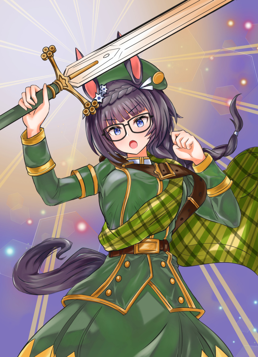 1girl, animal_ears, belt, black-framed_eyewear, blue_eyes, braid, breasts, brown_belt, cape, commentary_request, cowboy_shot, crown_braid, ear_ornament, green_cape, green_headwear, green_jacket, green_skirt, highres, holding, holding_sword, holding_weapon, horse_ears, horse_girl, horse_tail, jacket, large_breasts, long_hair, long_sleeves, looking_at_viewer, open_mouth, plaid_cape, ponytail, skirt, solo, sparkle, sword, tail, umamusume, v-shaped_eyebrows, vandy76, weapon, zenno_rob_roy_(umamusume)