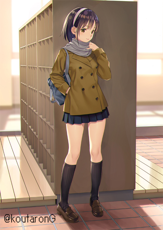 1girl, bag, black_skirt, black_socks, brown_eyes, brown_footwear, brown_hair, brown_jacket