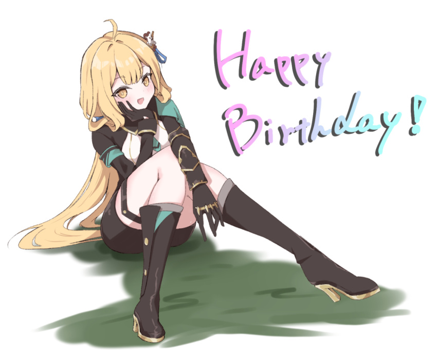 1girl, :d, ahoge, arm_support, black_footwear, black_gloves, black_jacket, black_shorts, blonde_hair, boots, english_text, full_body, gloves, green_necktie, hand_on_own_cheek, hand_on_own_face, happy_birthday, high_heel_boots, high_heels, hiruga_agurih, honkai_(series), honkai_impact_3rd, jacket, long_hair, long_sleeves, looking_at_viewer, necktie, open_mouth, ponytail, short_necktie, shorts, simple_background, smile, solo, susannah_manatt, susannah_manatt_(valkyrie_quicksand), very_long_hair, white_background, yellow_eyes