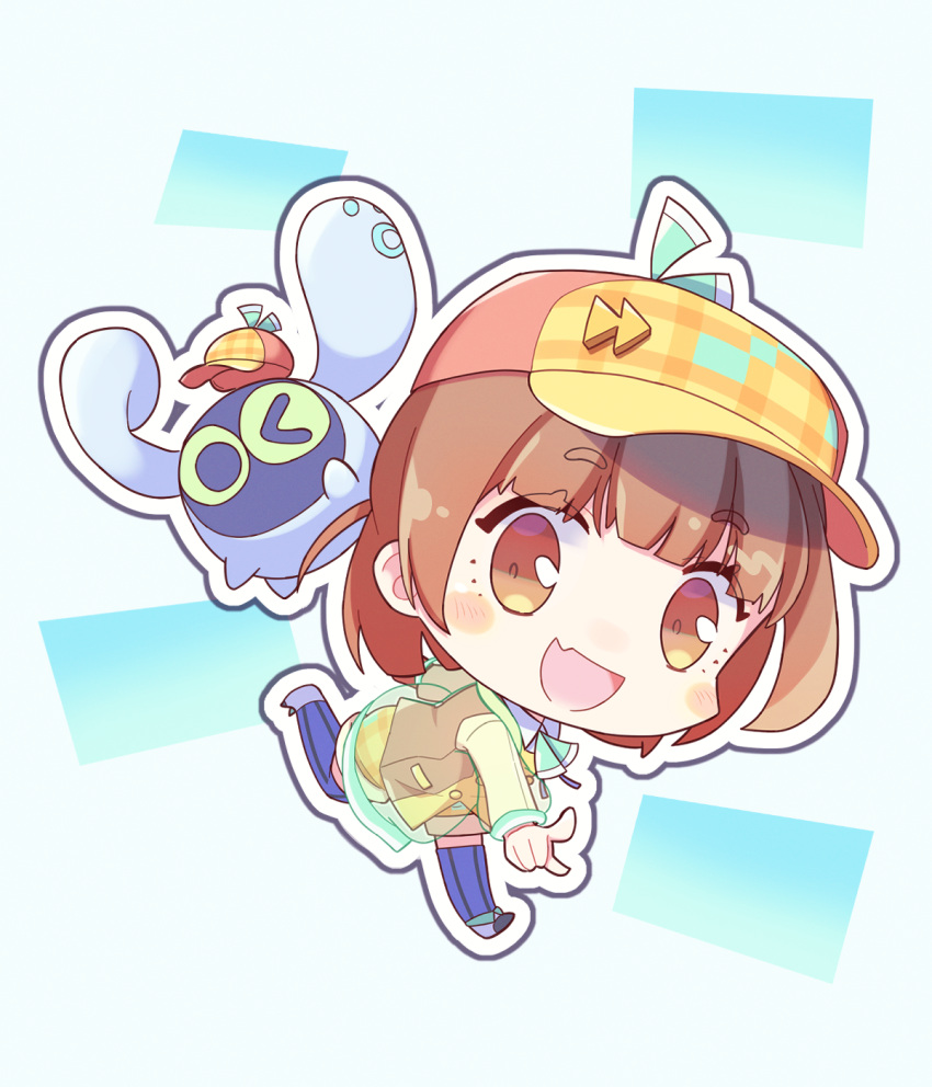 >_o, 1girl, atari_(puyopuyo), blue_thighhighs, blush_stickers, border, brown_hair, deerstalker