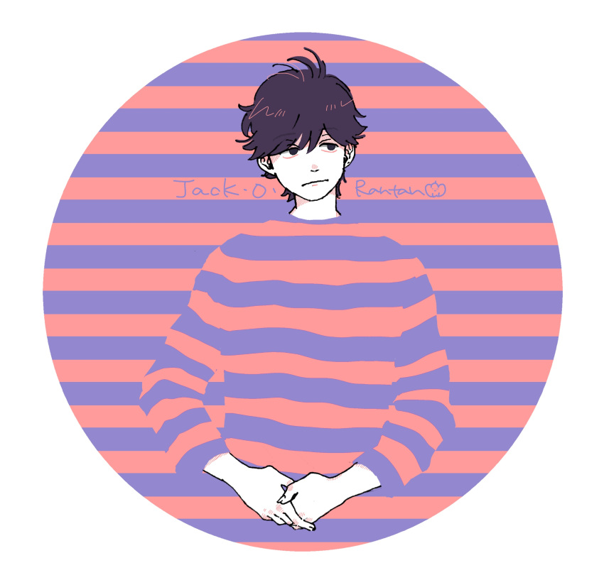 1boy, :/, black_eyes, black_hair, blending, border, character_name, closed_mouth