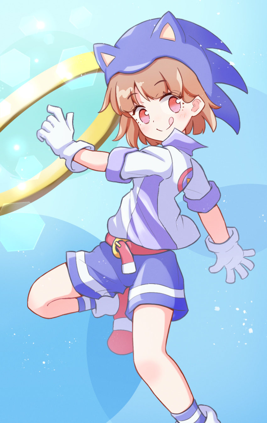 1girl, atari_(puyopuyo), blue_background, blue_headwear, blue_shorts, blue_socks, cosplay, gloves