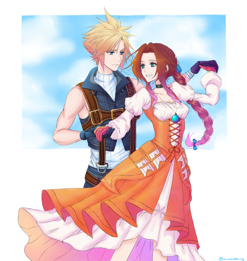 1boy, 1girl, aerith_gainsborough, aerith_gainsborough_(garnet's_gown), bare_shoulders, black_gloves, blonde_hair, blue_eyes, brown_hair, cloud_strife, cloud_strife_(zidane's_outfit), commentary, cosplay, dancing, dress, english_commentary, final_fantasy, final_fantasy_ix, final_fantasy_vii, final_fantasy_vii_ever_crisis, final_fantasy_vii_remake, floating_hair, forehead, garnet_til_alexandros_xvii, garnet_til_alexandros_xvii_(cosplay), gloves, green_eyes, highres, holding_hands, hu_manbee_ing, jewelry, juliet_sleeves, long_hair, long_sleeves, looking_at_another, necklace, official_alternate_costume, orange_dress, parted_bangs, puffy_sleeves, short_hair, sidelocks, sleeveless, smile, spiky_hair, two-tone_dress, wavy_hair, white_dress, zidane_tribal, zidane_tribal_(cosplay)