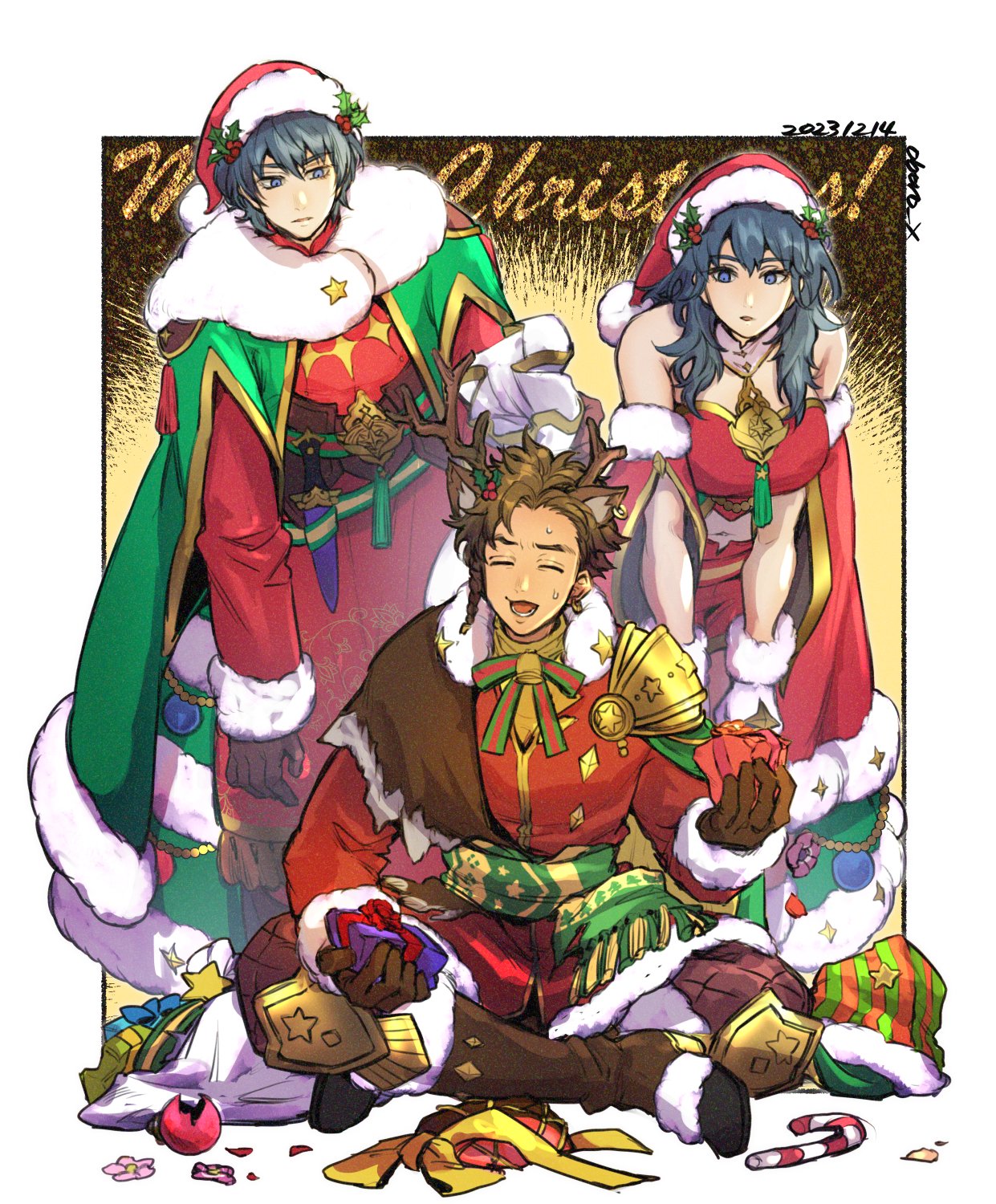 1girl, 2boys, animal_ears, antlers, bare_shoulders, blue_hair, boots, brown_footwear