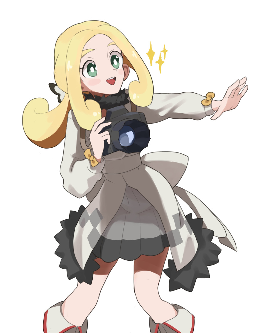 1girl, :d, absurdres, baeming, blonde_hair, camera, coat, cowboy_shot