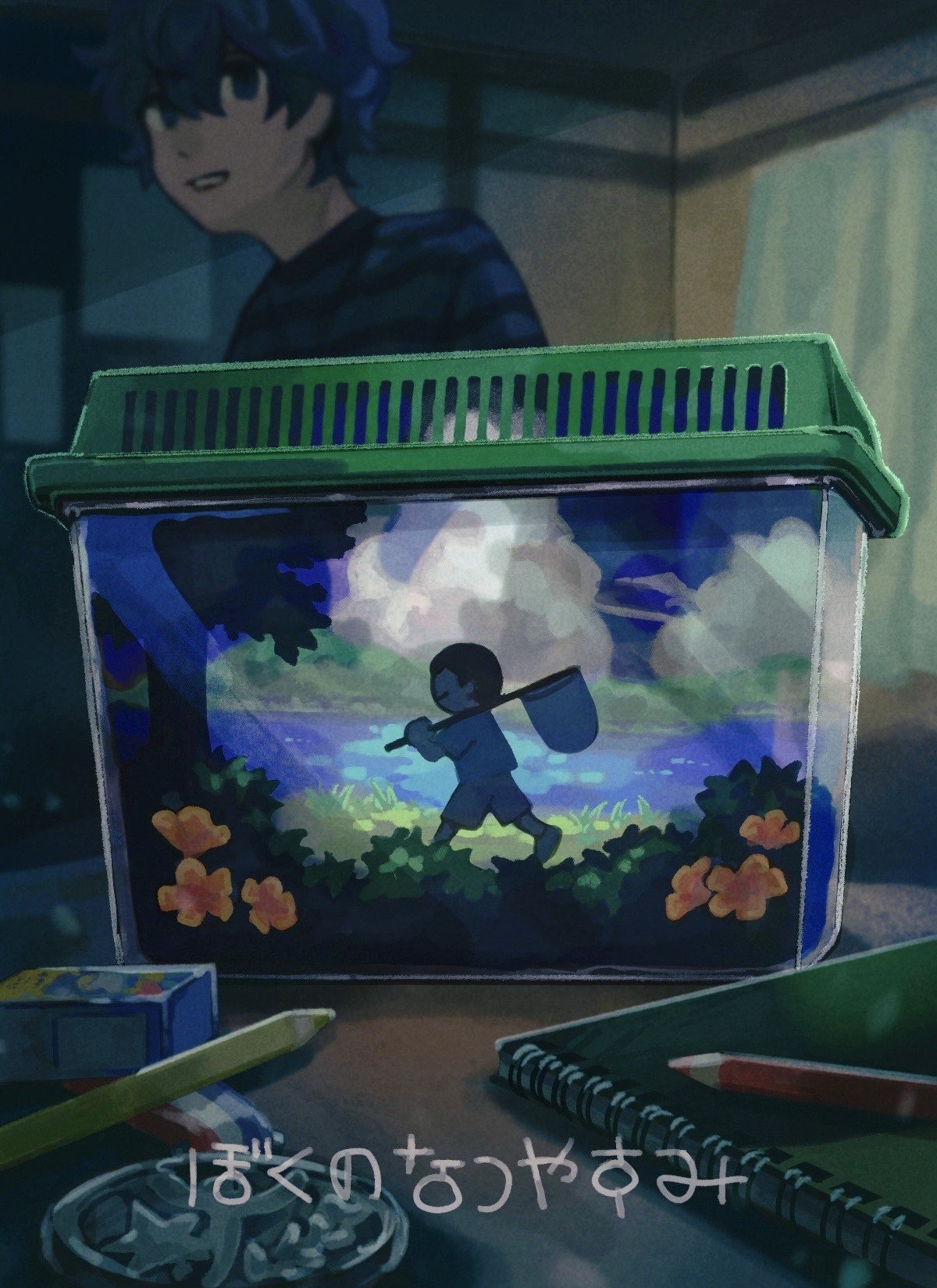 1boy, 39_percent, blurry, blurry_background, boku_no_natsuyasumi, box, colored_pencil, copyright_name, curtains, dark_room, diorama, flower, highres, indoors, jack-o'_ran-tan, looking_at_viewer, napoli_no_otokotachi, object_focus, open_mouth, orange_flower, pencil, short_hair, sketchbook, smile, striped, striped_sweater, sweater, translation_request
