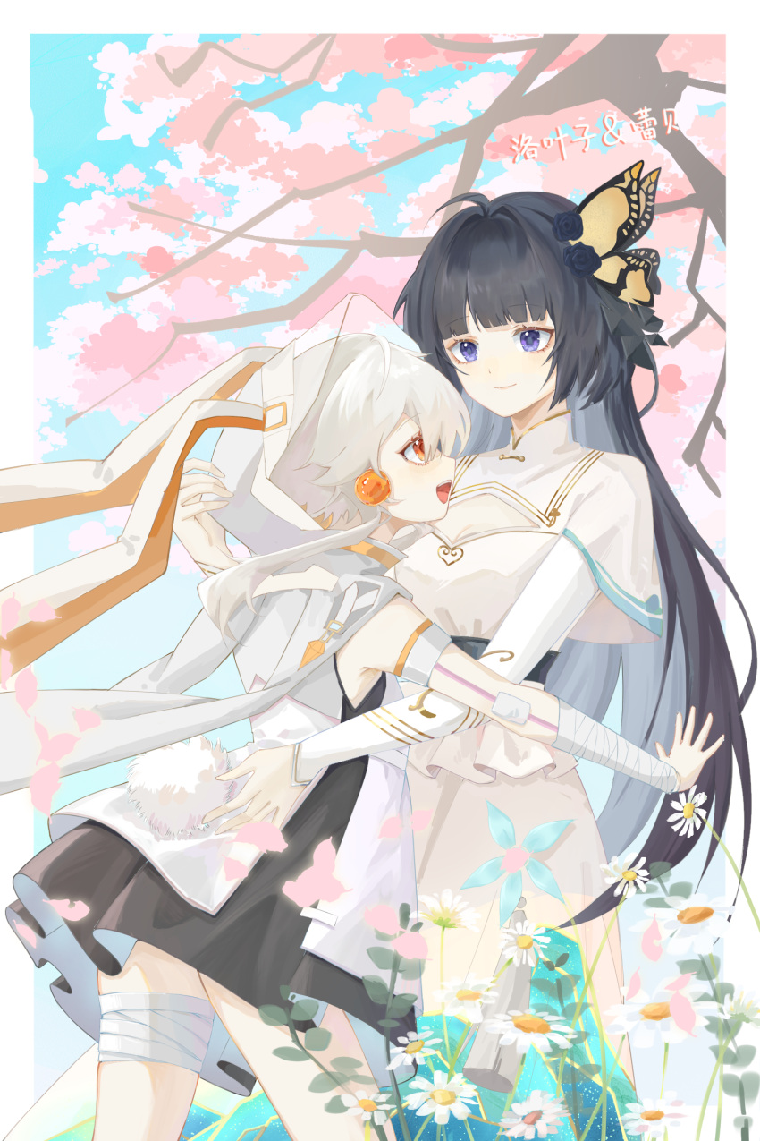 2girls, absurdres, animal_ears, animal_hood, bandaged_arm, bandaged_hand, bandaged_leg, bandages, black_hair, butterfly_hair_ornament, cherry_blossoms, closed_mouth, colored_inner_hair, dress, flower, grey_hair, grey_tassel, hair_ornament, highres, hood, hood_up, hug, long_hair, long_sleeves, looking_at_another, luoyezi, multicolored_hair, multiple_girls, open_mouth, rabbit_ears, rabbit_hood, red_eyes, ruby_(tower_of_fantasy), short_hair, skirt, smile, tassel, teeth, tower_of_fantasy, upper_teeth_only, violet_eyes, white_hair, yuri