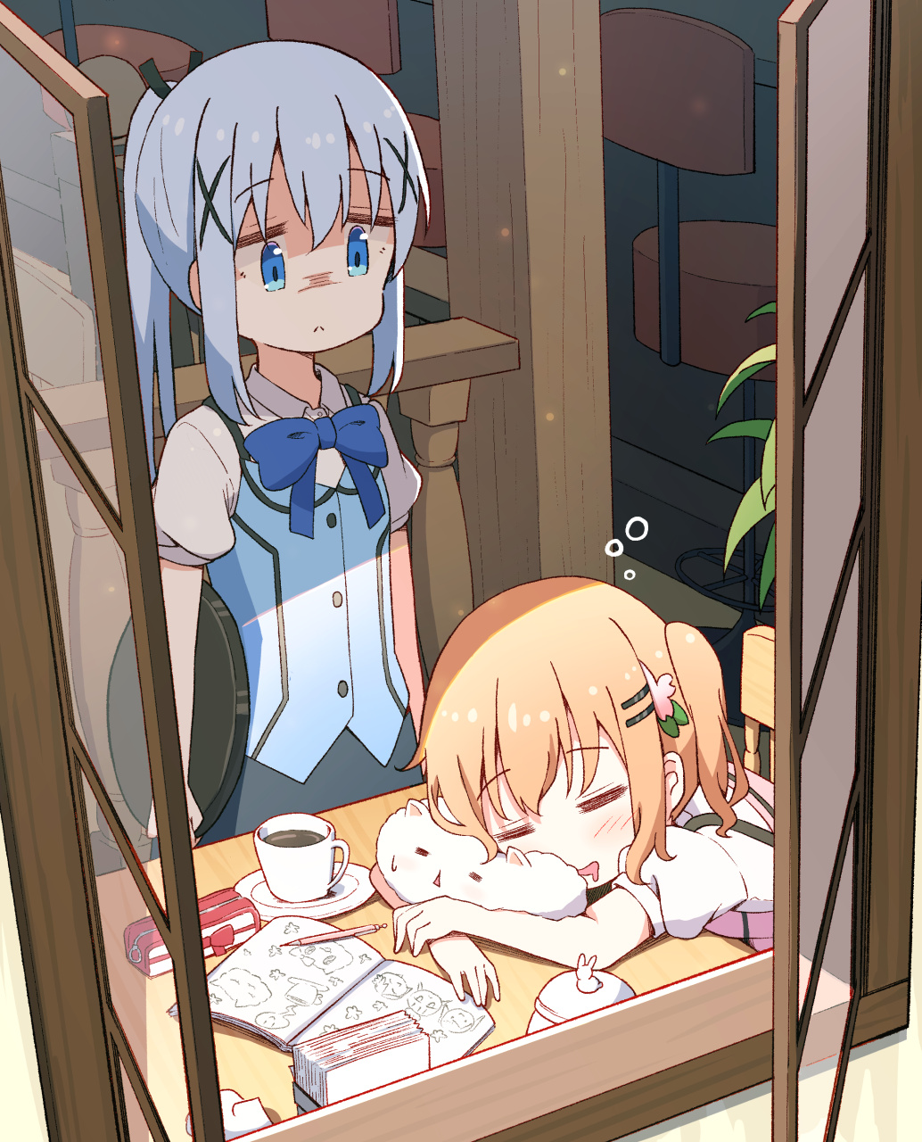 2girls, angora_rabbit, bar_stool, black_ribbon, black_skirt, blue_bow, blue_bowtie, blue_eyes