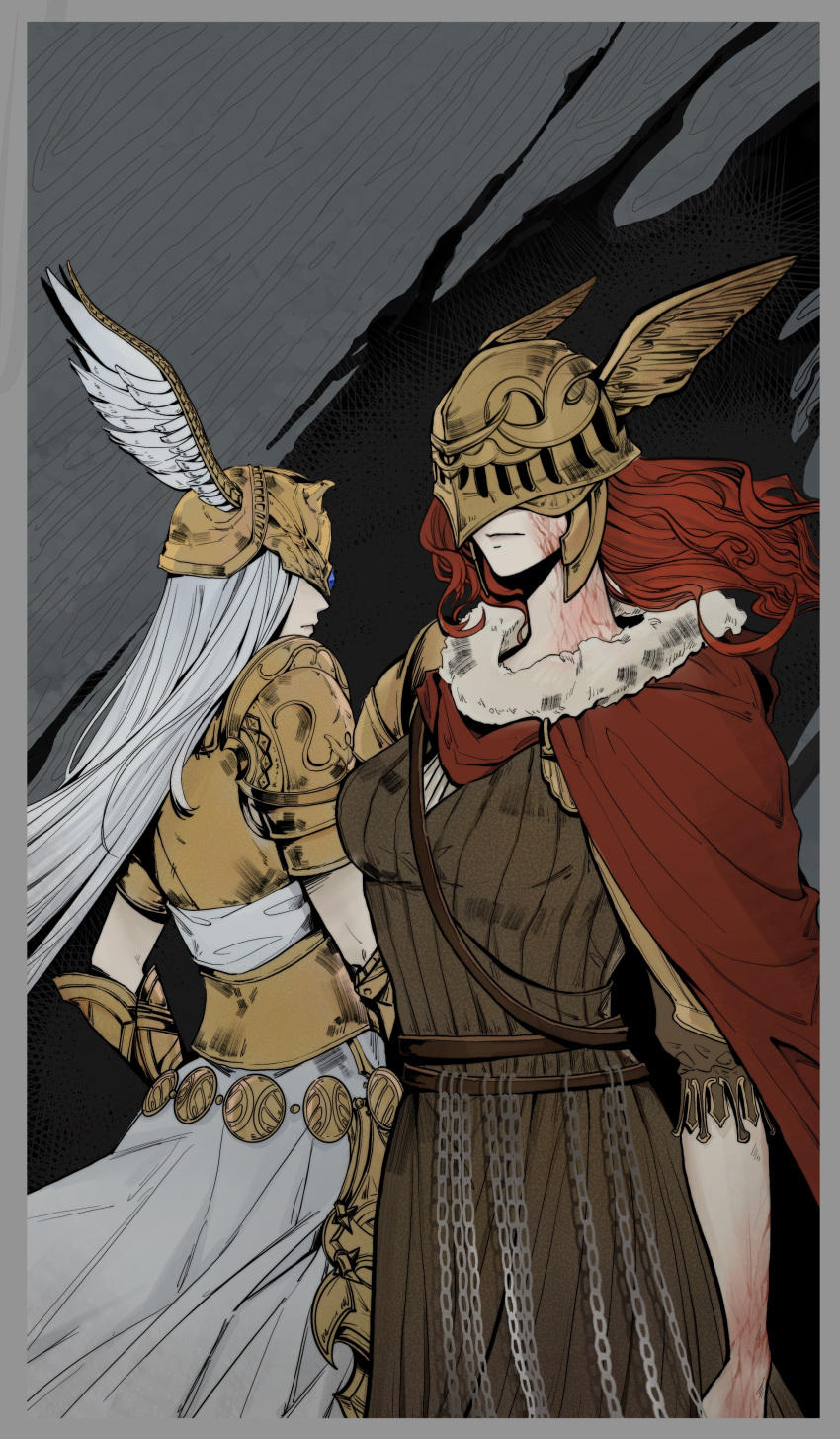 2girls, absurdres, arm_at_side, armor, border, brown_dress, cape, chain