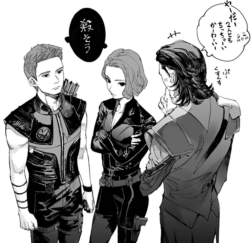 1girl, 2boys, animification, arrow_(projectile), avengers_(series), back, belt, black_bodysuit