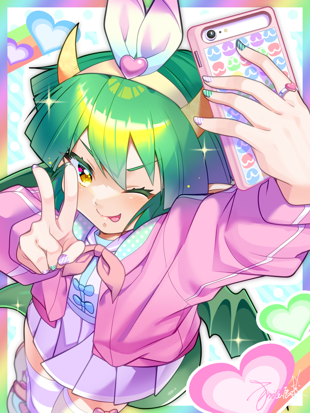 1girl, bow, bow_hairband, cellphone, draco_centauros, dragon_tail, dragon_wings, eyelashes