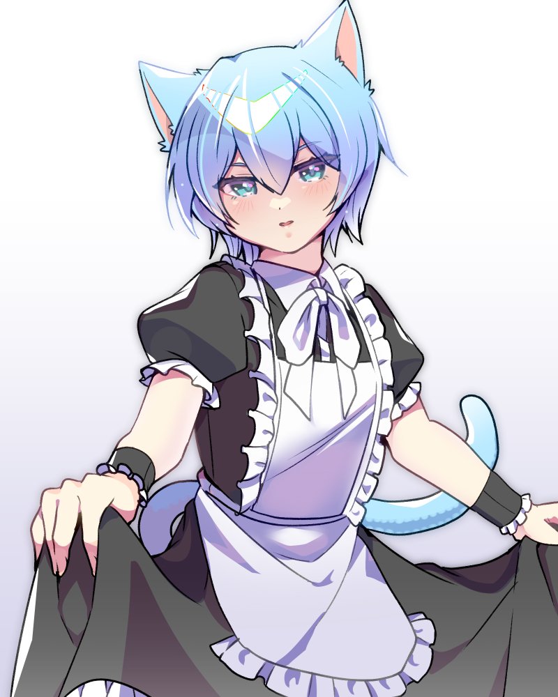 1girl, alternate_costume, animal_ears, apron, black_dress, blue_eyes, blue_hair, blush