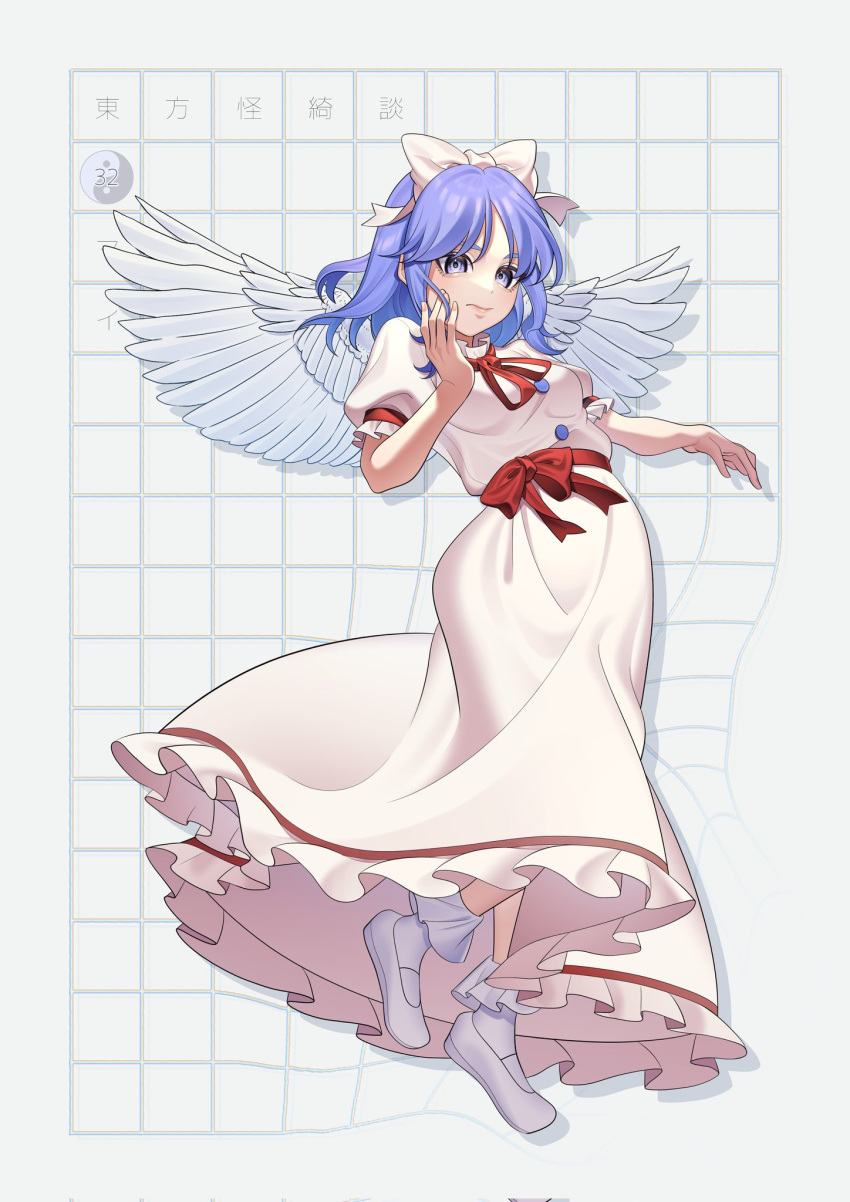 blue_eyes, blue_hair, bow, buttons, dress, feathered_wings, frilled_dress, frills
