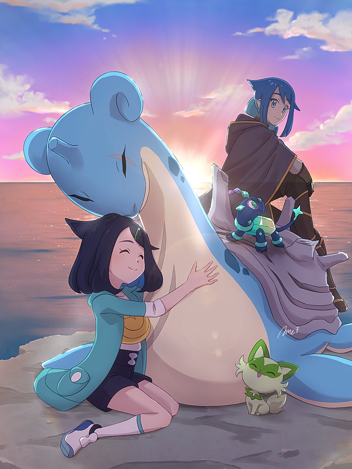 1boy, 1girl, ame_piko_9, black_hair, blue_eyes, cloak, closed_eyes, closed_mouth