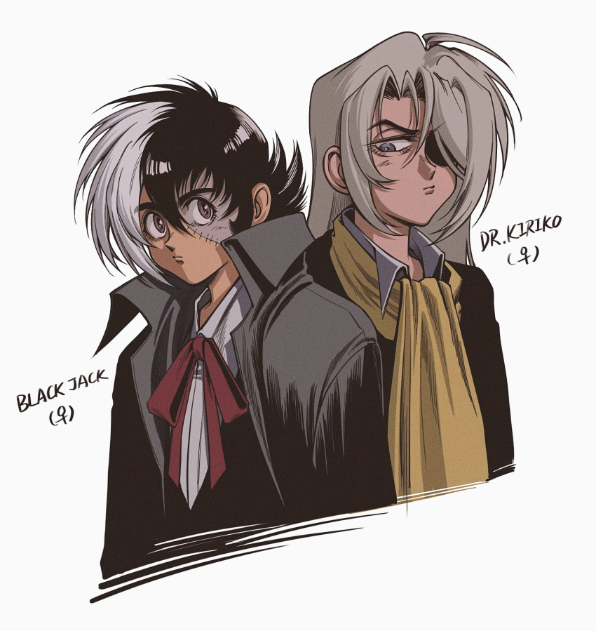2girls, black_jack_(character), black_jack_(series), black_jacket, character_name, closed_mouth, collared_shirt, cropped_torso