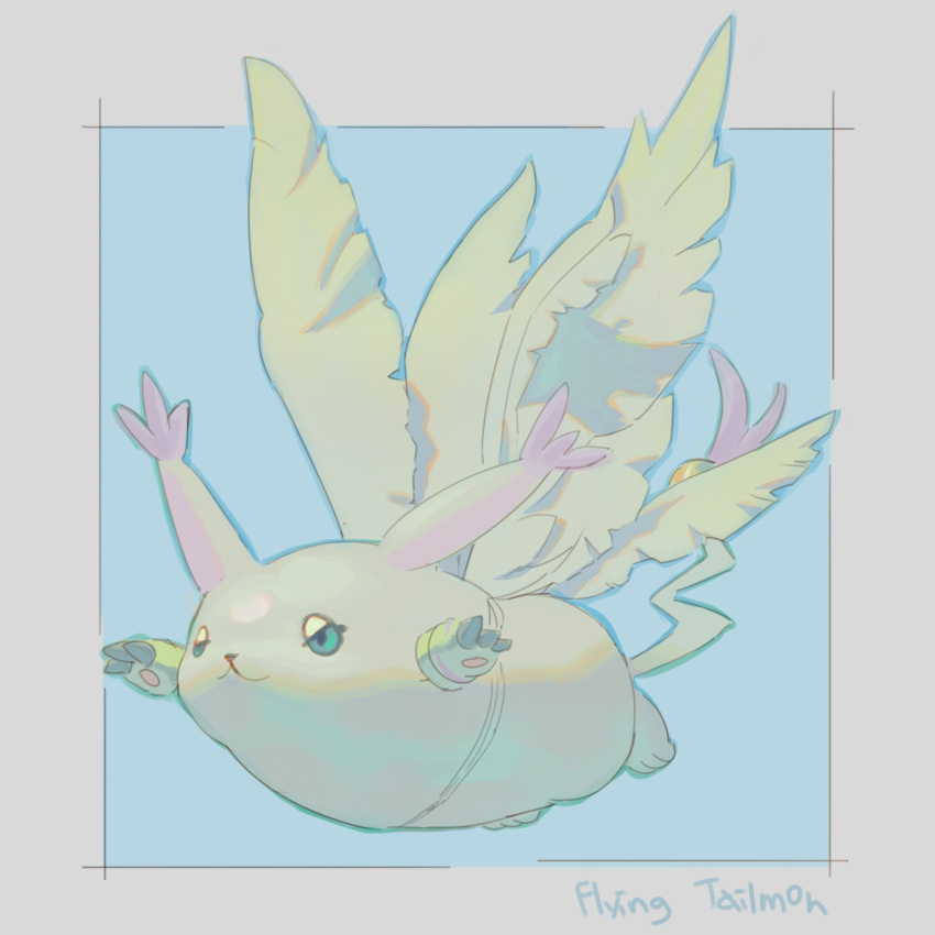 :3, apple05012_(765), character_name, digimon, digimon_(creature), english_text, fake_wings, fat_pikachu_(meme), highres, meme, no_humans, solo, tail, tail_ornament, tail_ring, tailmon, wings