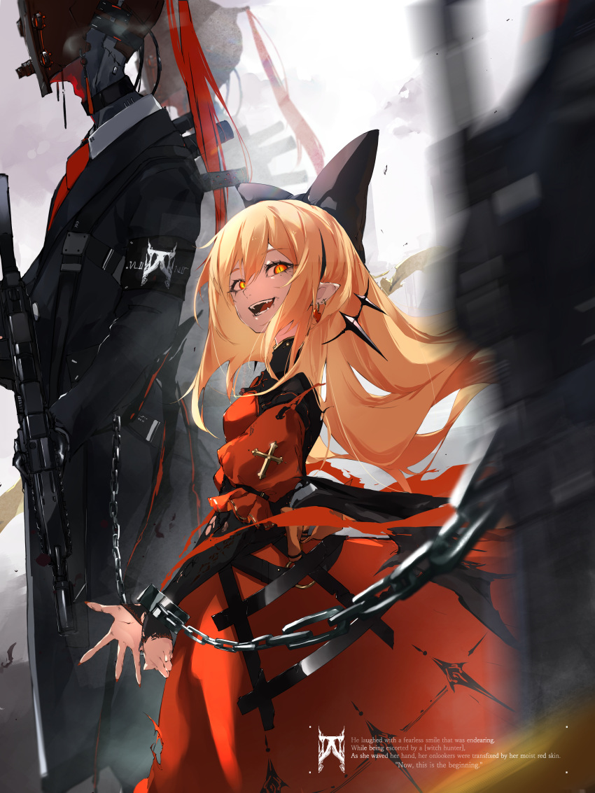 1girl, absurdres, blonde_hair, chain, cross, cuffs, daichi, dirt_on_face