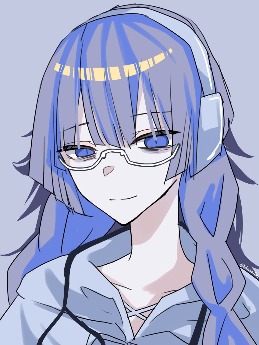1girl, absurdres, ado_(utaite), blue_background, blue_eyes, blue_hair, blue_hoodie, closed_mouth