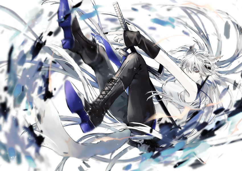 1girl, absurdres, animal_ears, arknights, arm_warmers, black_footwear, black_nails, black_pants