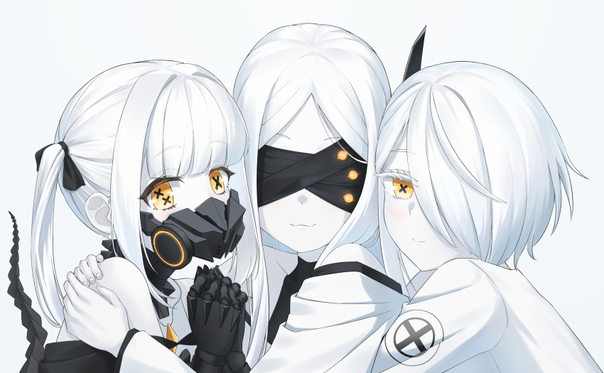 3girls, absurdres, bare_shoulders, black_ribbon, black_tail, blindfold, blue_archive, bokuhakiyoshi