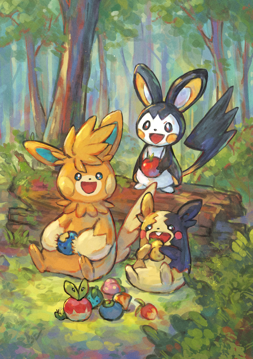 :d, absurdres, apple, applin, berry_(pokemon), commentary_request, day, eating