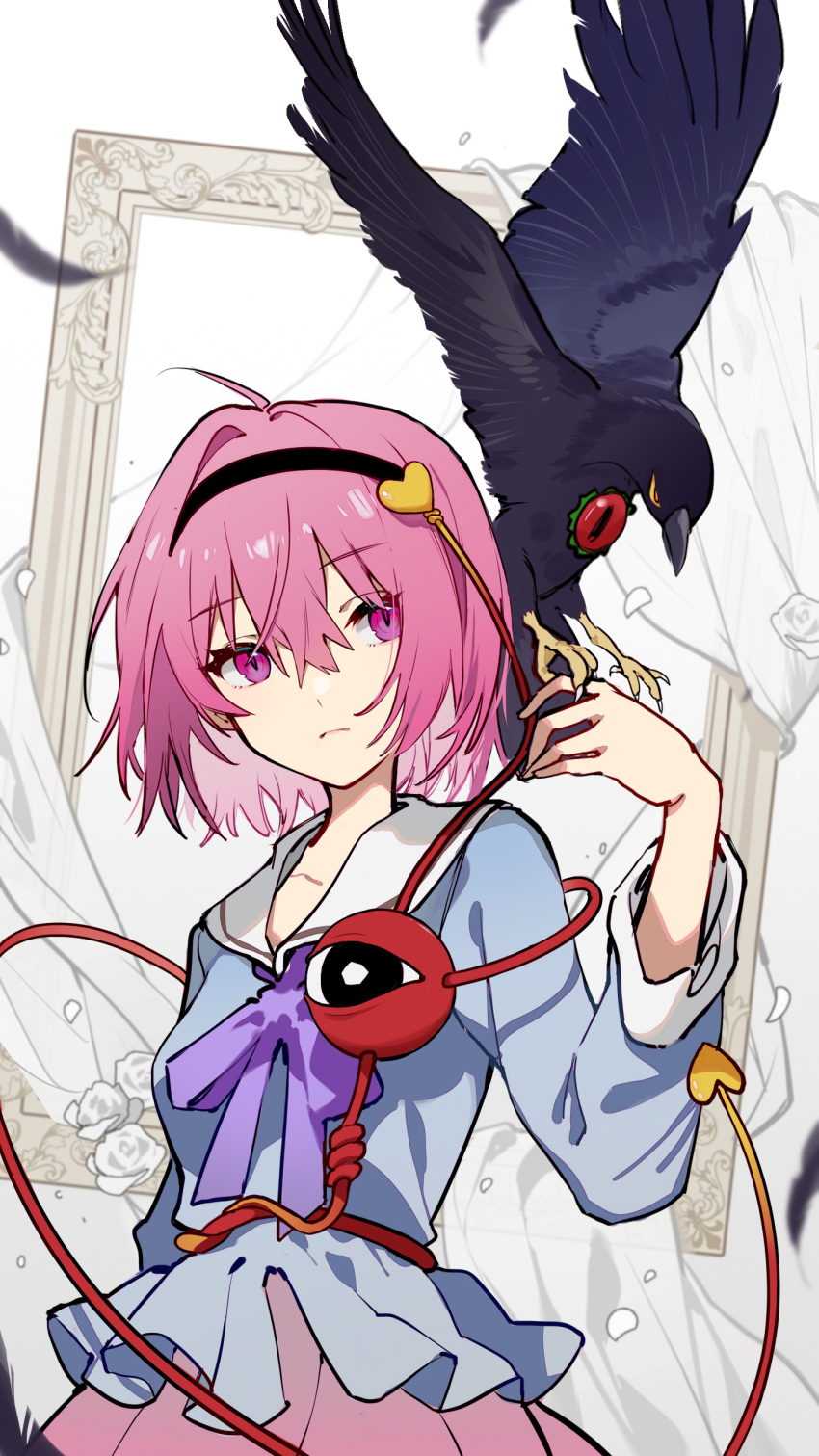 1girl, absurdres, ahoge, bird, black_bird, black_eyes, black_hairband, blue_shirt, closed_mouth, collarbone, collared_shirt, commentary, empty_picture_frame, feathers, frown, hair_between_eyes, hair_ornament, hairband, hanamoto410, hand_up, heart, heart_hair_ornament, highres, komeiji_satori, long_sleeves, looking_at_viewer, picture_frame, pink_eyes, pink_hair, pink_skirt, purple_ribbon, reiuji_utsuho, reiuji_utsuho_(bird), ribbon, shirt, short_hair, skirt, sleeve_cuffs, solo, third_eye, touhou, upper_body