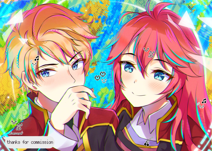 1boy, 1girl, artist_name, blonde_hair, blue_eyes, blush, cedric_reise_arnor, closed_mouth