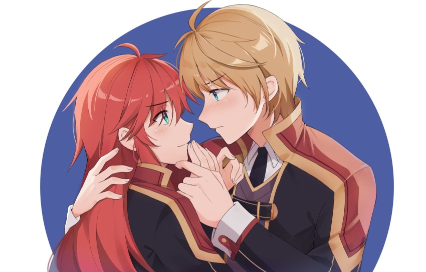1boy, 1girl, aqua_eyes, artist_request, blonde_hair, blue_background, blue_eyes, cedric_reise_arnor