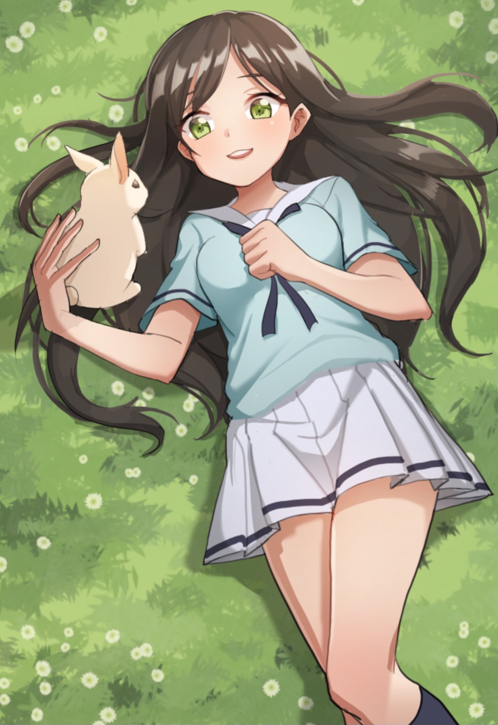 1girl, animal, bang_dream!, black_hair, field, flower, flower_field, green_eyes