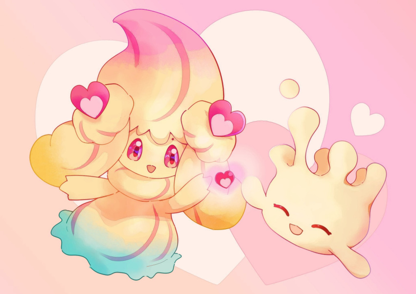 :d, alcremie, closed_eyes, commentary_request, evolutionary_line, happy, heart, highres