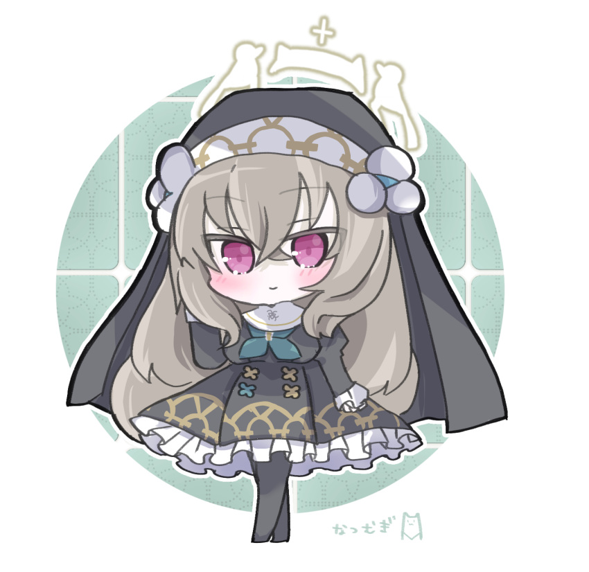 1girl, black_dress, black_pantyhose, blue_archive, blue_neckerchief, blush, breasts, chibi, closed_mouth, crossed_bangs, dress, frilled_skirt, frills, full_body, grey_hair, habit, hair_between_eyes, hat_ornament, highres, juliet_sleeves, long_hair, long_sleeves, looking_at_viewer, natsu_ya_mugi, neckerchief, nun, pantyhose, puffy_sleeves, sakurako_(blue_archive), skirt, smile, solo, standing, violet_eyes, white_background