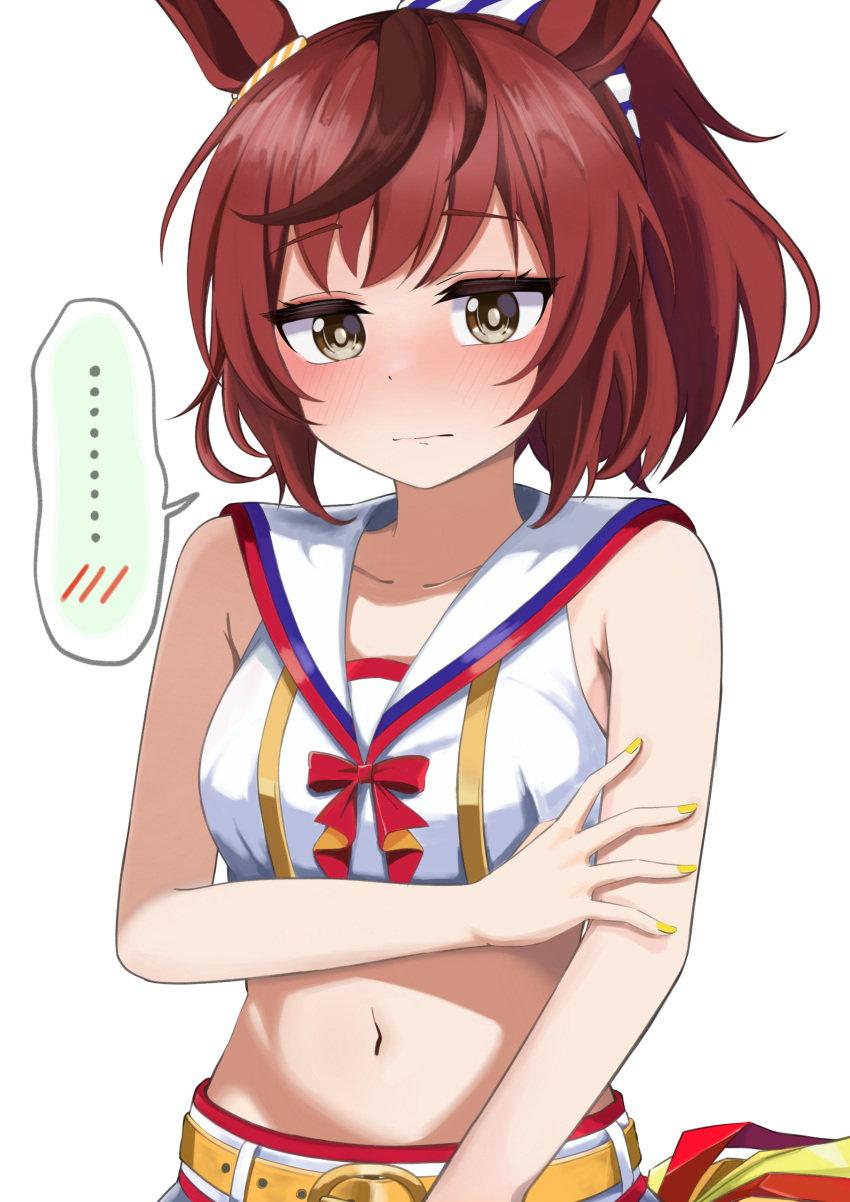 ..., 1girl, absurdres, alternate_costume, alternate_hairstyle, animal_ears, belt, blush, book-16key, breasts, brown_eyes, closed_mouth, collarbone, crop_top, fingernails, hair_between_eyes, hair_ornament, highres, horse_ears, horse_tail, looking_at_viewer, medium_hair, midriff, navel, nice_nature_(run&amp;win)_(umamusume), nice_nature_(umamusume), ponytail, redhead, simple_background, solo, tail, umamusume, white_background